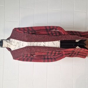 Red Plaid Open Front Hooded Cardigan